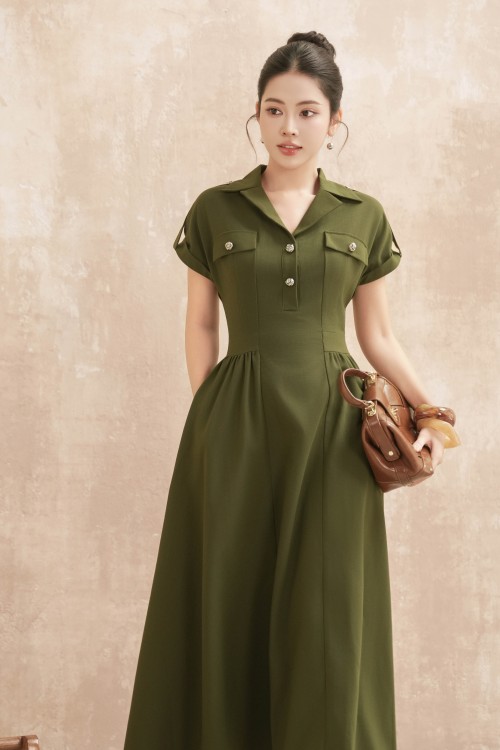 Sixdo Dark Olive Green Woven Flared Dress